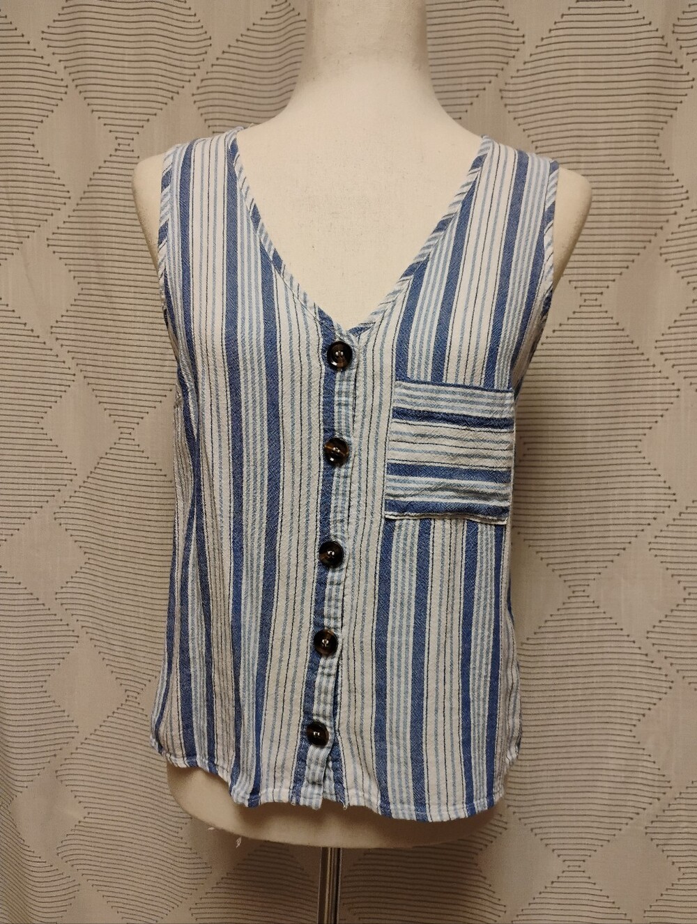 Rewind Blue White Striped Linen Rayon Tank Top Button Front Women's Large Boho